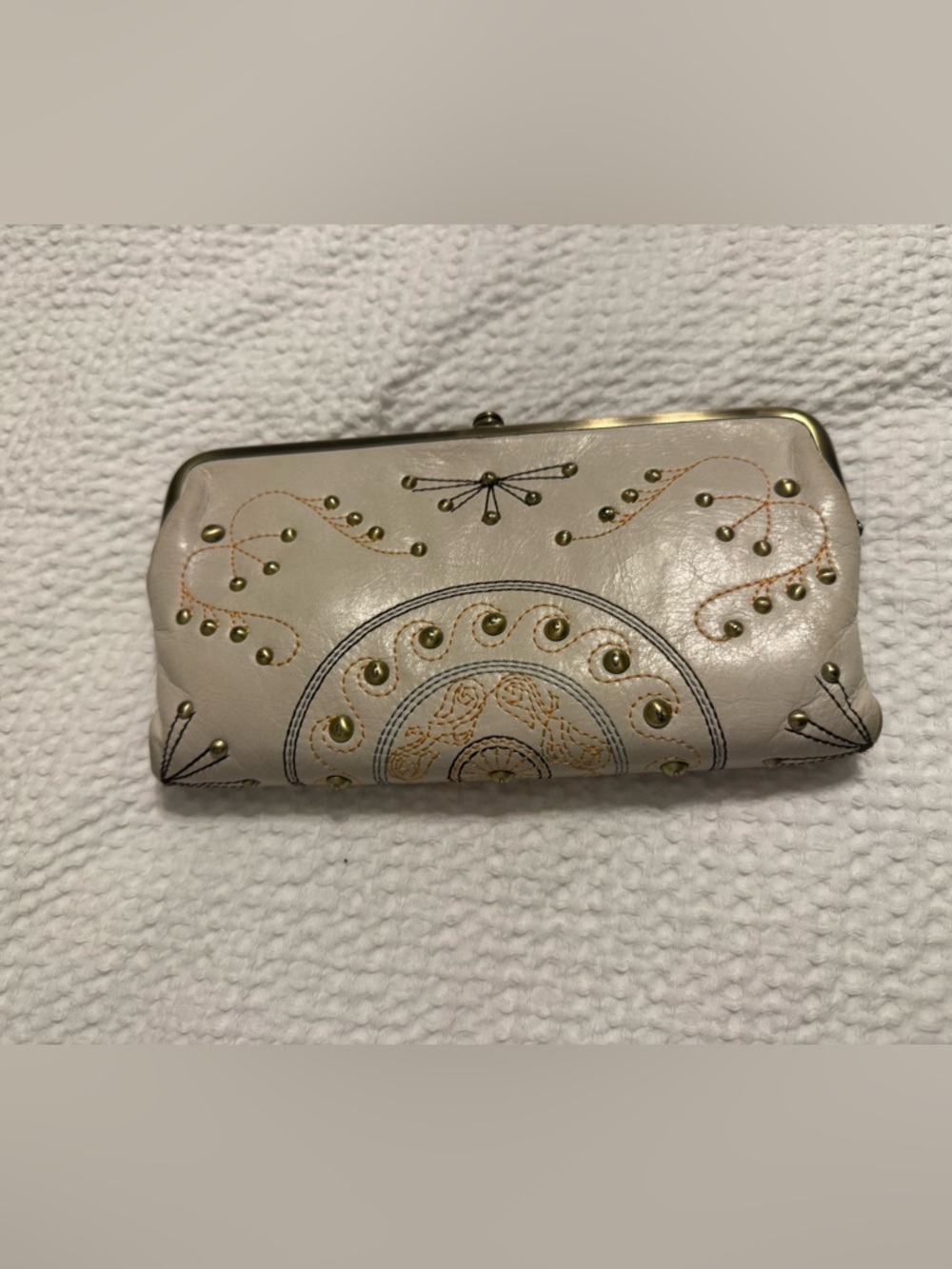 HOBO Cream Embroidered Studded Frame Wallet
